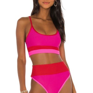 Beach Riot Eva Colorblock Rib Bikini Top Womens Medium Fuchsia Colorblock JZZ882