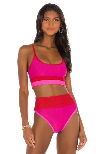 Beach Riot Eva Colorblock Rib Bikini Top Womens Medium Fuchsia Colorblock JZZ882