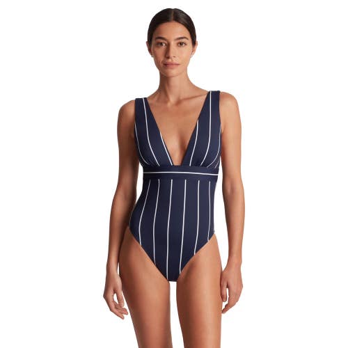 Lauren Ralph Lauren Villa Swimsuit Women 12 Navy Striped V-Neck One-Piece JZZ924