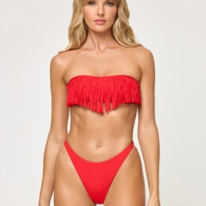 L*Space Dixie Bikini Top Women Small Flame Fringe Detail Bandeau Swimwear JZZ878