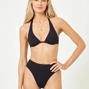 L*Space Savannah Bikini Bottom Women's L Black Stretch Ribbed High Waist JZZ891