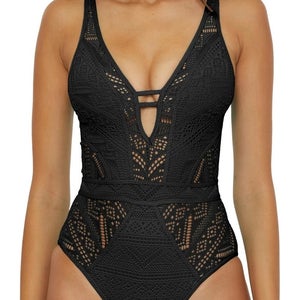 Becca Color Play Swimsuits Women's Large Black Crochet Plunge One Piece JZZ901