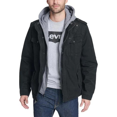 Levi's Trucker Jacket Mens Large Black Sherpa Snap Button Full Zip Hooded JZZ905