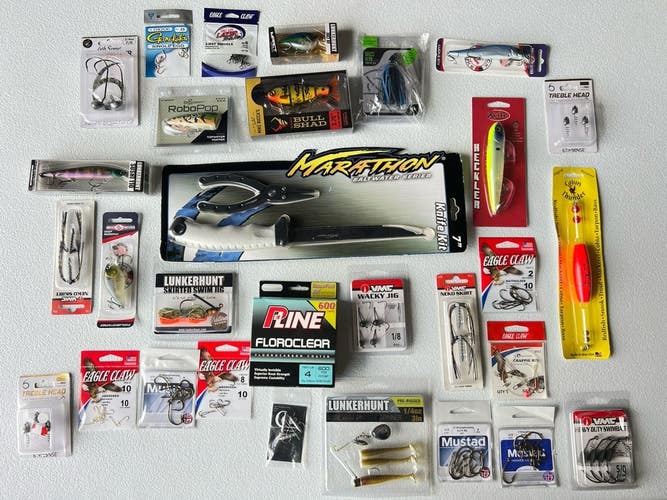 Fishing Tackles Assortment 30 Pieces Knife, Line, Baits, Hooks... INV #343