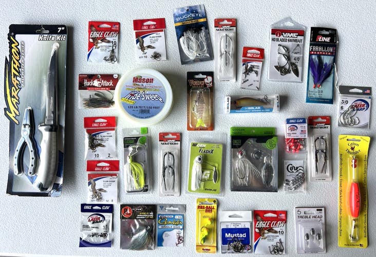 Fishing Tackles Assortment 30 Pieces Knife, Line, Baits, Hooks... INV #346