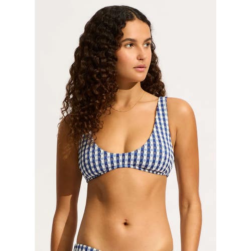 Seafolly Bella Bikini Top Women's 12 Ultramarine Check Longline Swimwear JZZ1016
