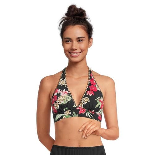 Tommy Bahama Lily Cat Rev Halter Top Women XS Black Floral Swimwear Beach JZZ936