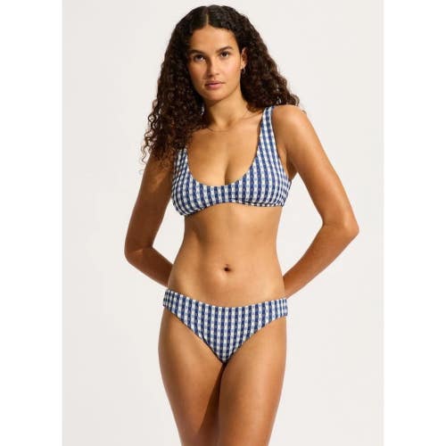 Seafolly Bella Hipster Bottom Women 4 Ultramarine Check Stretch Swimwear GBO2582