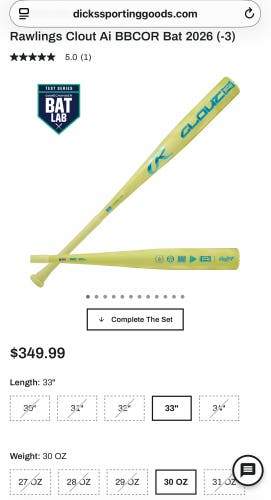 2026 Rawlings Clout AI Hybrid BBCOR Certified Bat (-3) 30 oz 33" (New still wrapped)