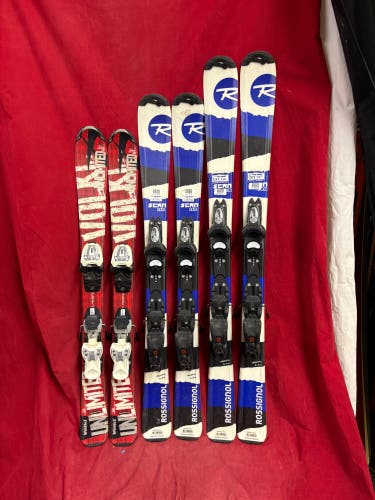 Skis: Volkl 100cm Rossignol 110 & 120 cm Skis. Boots: Rossignol 18, Dalbello 20.5, Lange 23