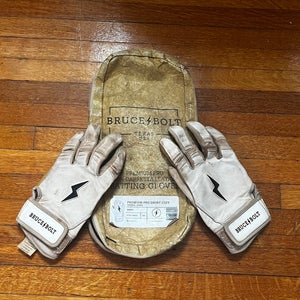 Bruce Bolt Premium Pro Short Cuff Batting Gloves YLG– White – Game Used – With Pouch