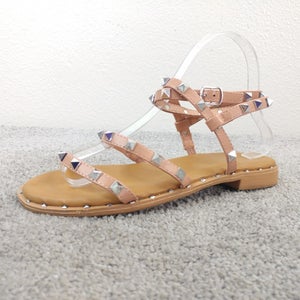 Nicole Miller Sandals Womens 7.5 Shoes Ankle Strap Studded Beige Pink Silver
