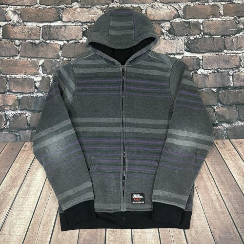 NO FEAR Mens Medium Hoodie Sherpa Lined Striped Jacket Full Zip Y2K Rare Faded