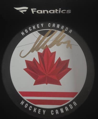 Sharks MACKLIN CELEBRINI Signed 2026 Olympics CANADA Hockey Puck FANATICS COA