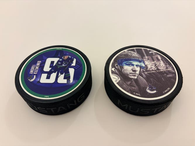 Official NHL Vancouver Canucks Andrei Kuzmenko Player Hockey Pucks Lot Bundle