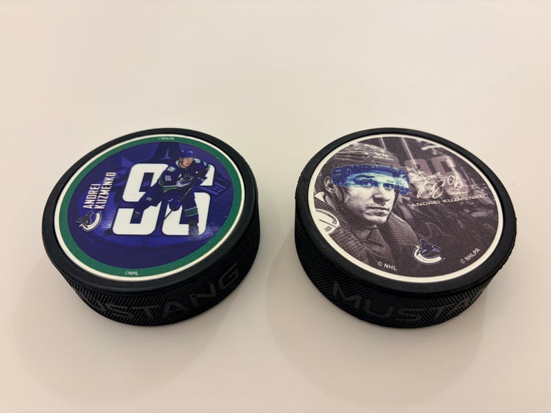 Official NHL Vancouver Canucks Andrei Kuzmenko Player Hockey Pucks Lot Bundle