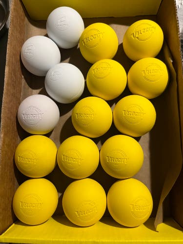 Lot of 18 lacrosse balls. Velocity, Champion, Champro, STX. Each lot has 16 BN, 2 lightly used ball