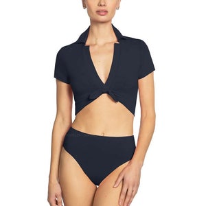 Robin Piccone T-Shirt Bikini Top Women's Medium Navy Tie Front Swimwear GBO2445