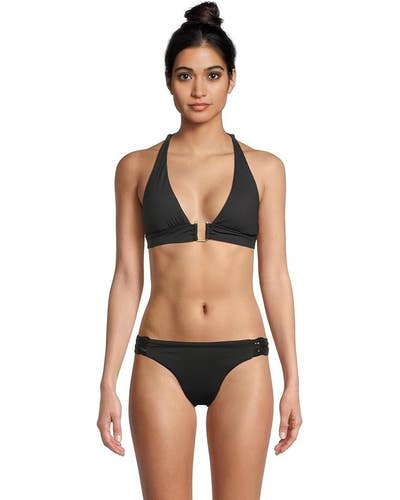 BECCA Modern Edge Rib Mira Buckle Halter Top Women Medium Black Swimwear GBO2330