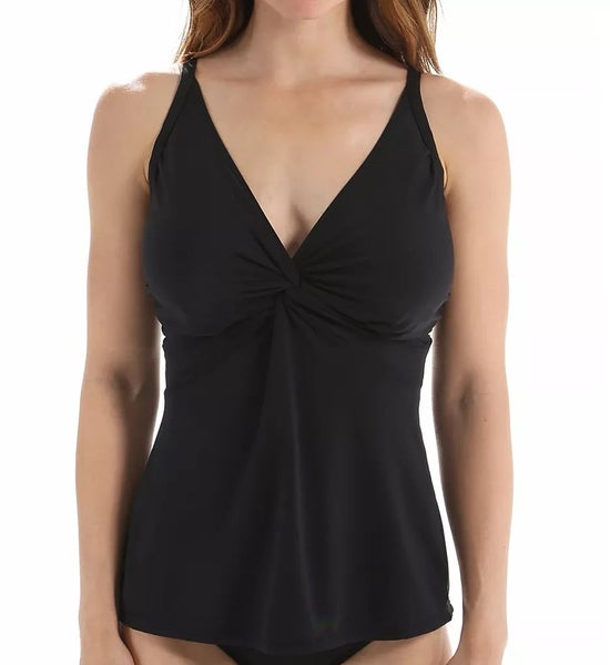 Sunsets Forever Tankini Top Women 36D Black Stretch Twist Front Swimwear GBO2402