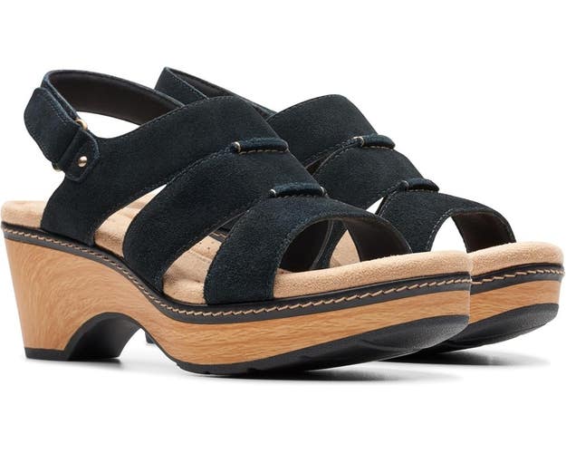 Clarks Seannah Glow Sandals Women's US 7 Black Suede Block Heel Strappy VER1028