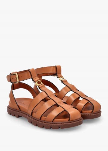 Coach Sculpted C Sandal Women's 6.5 Cognac Leather Ankle Strap Fisherman VER1039