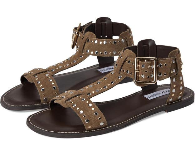 Steve Madden Brazinn Sandals Women's US 8.5 Taupe Suede Adjustable Strap VER1259