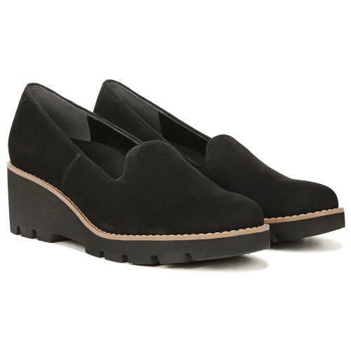 Vionic Willa Wedge Flat Women's 7 Black Suede Slip On Wedge Loafer Shoes VER1123