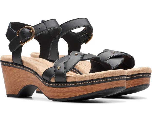 Clarks Seannah Way Sandals Women 8.5 Black Leather Braided Strappy Shoes VER1118