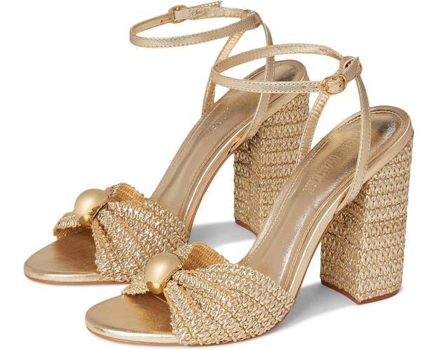 Steve Madden Cheyla Sandals Women's 7 Gold Raffia Ankle Strap Block Heel VER1027