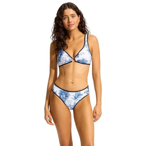 Seafolly Marbella Retro Bikini Bottom Women's 6 Blue Tropical Mid Rise JZZ973