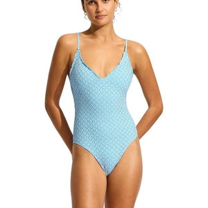 Seafolly Daydreamer Swimsuit Women's Powder Blue Stretch V-Neck One-Piece JZZ962