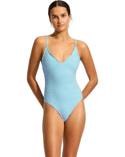 Seafolly Daydreamer Swimsuit Women's Powder Blue Stretch V-Neck One-Piece JZZ962