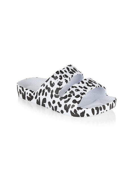 Freedom Moses Sandals Girls US 8 White Black Leopard Print Slip On Slide ZAP1924