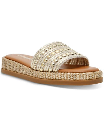 Steve Madden Boardwalk Sandals Womens US 7 Natural Studded Slip On Slide ZAP2202
