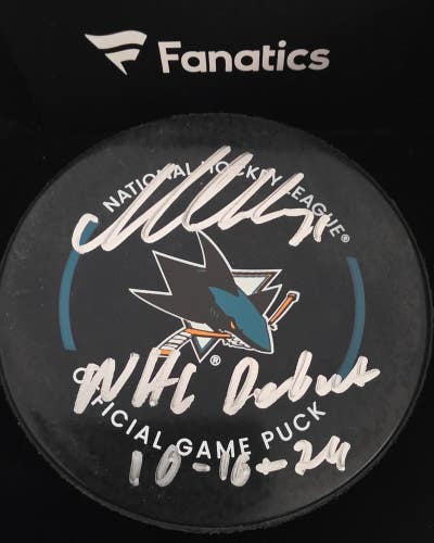 Sharks MACKLIN CELEBRINI Autographed Official NHL DEBUT "10-10-24" Puck Fanatics