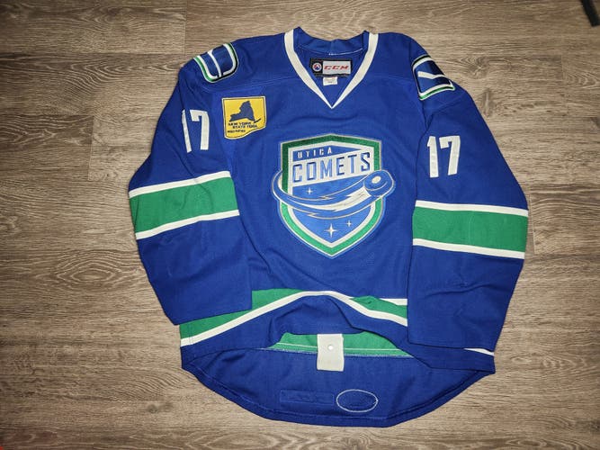 Nicklas Jensen Utica Comets AHL Pro Stock CCM Blue Edge 2.0 Game Worn Hockey Jersey Canucks Size 58