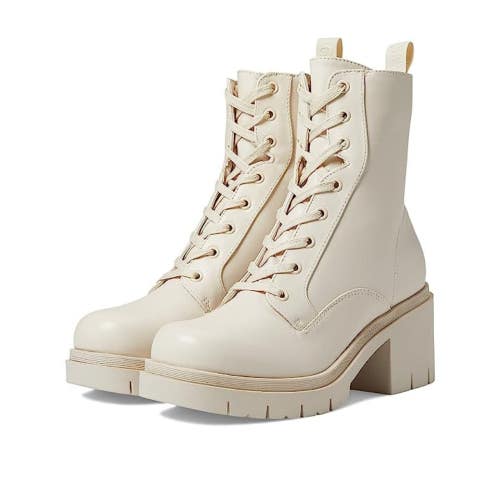Guess Juel Boots Women 10 Ivory Leather Round Toe Lug Sole Combat Bootie HTAT341