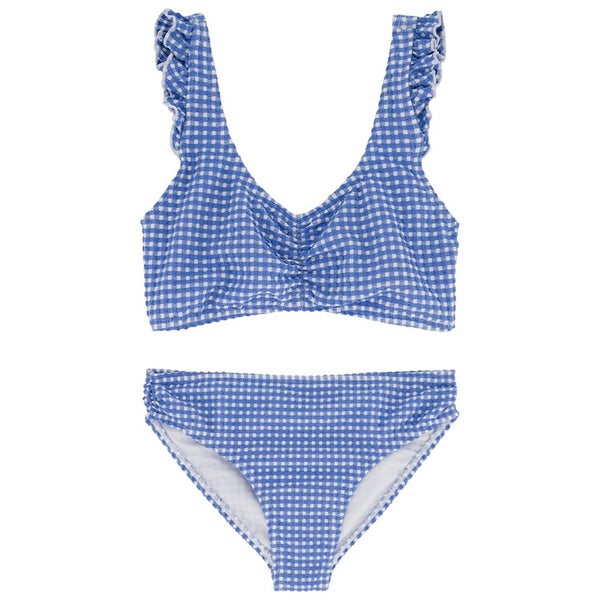 Roxy Two-Piece Bikini Set Girls 14 Blue White Gingham Ruffle Swimwear JDM2356