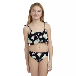 Hurley Flounce Bikini Set Girls 12 Black Floral Tie-Strap Swimwear Beach JDM2352