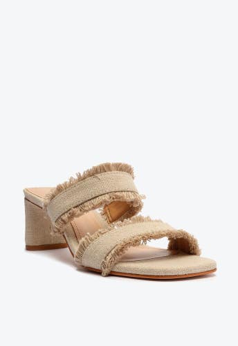 Schutz Amely Dress Sandals Women's US 6.5 Oyster Frayed Trim Block Heel HTAT202