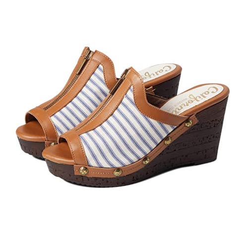 Californians Ginger Slide Womens 9 Blue Stripe Zipper Wedge Heels Sandal HTAT151