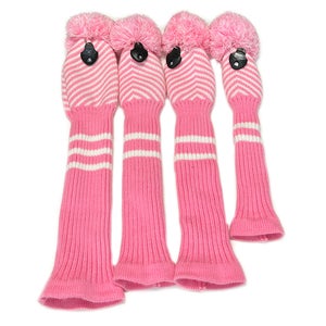 Scott Edwards Pink & White Knit Pom Pom W/Number Wheel 4 pc Headcover Set