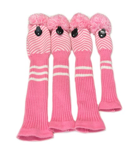 Scott Edwards Pink & White Knit Pom Pom W/Number Wheel 4 pc Headcover Set