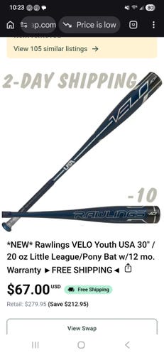 *NEW* Rawlings VELO Youth USA 30" / 20 oz Little League/Pony Bat w/12 mo. Warranty ►FREE SHIPPING◄