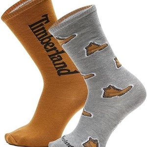Timberland All Over Print Mens Large Gray Brown Crew Sock Pack of 2 JAX1073