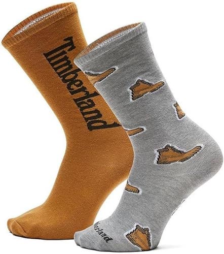 Timberland All Over Print Mens Large Gray Brown Crew Sock Pack of 2 JAX1073