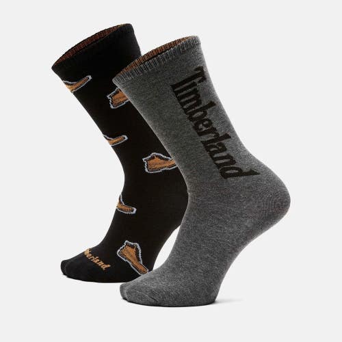 Timberland All Over Print Mens Gray Black Stretch Crew Sock Pack of 2 JAX1074