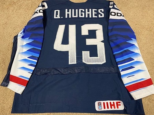 QUINN HUGHES 2019 Team USA World Championships Photomatched Game Worn Jersey loa