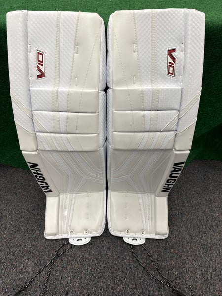 White Senior Vaughn Velocity V10 Pro Goalie Leg Pads (New) | 35"+2"